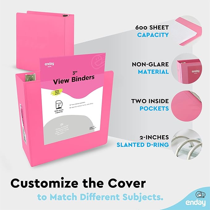 3 Inch 3 Ring Binder Pink, Slant D-Ring 3” Clear View Cover with 2 Inside Pockets, Heavy Duty Colored School Supplies Office and Home Binders – by Enday
