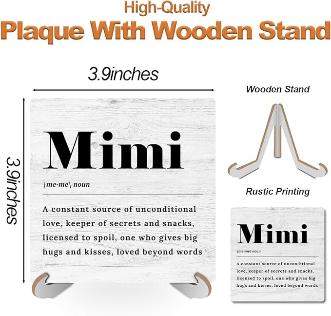 Mimi Definition Wood Sign Desk Decor Funny Grandma Gifts Rustic Office Cubicle Decor Plaque with Wooden Stand Farmhouse Positive Office Desk Accessories for Home Table Shelf Centerpieces Mothers Day