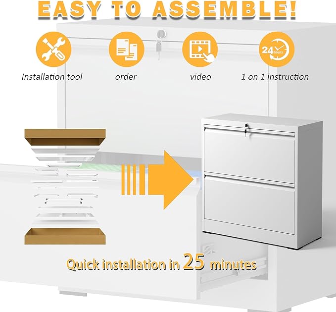 2 Drawer Lateral File Cabinet with Lock, File Cabinet, Metal Lateral Filing Cabinets for Home Office, File Storage Cabinet for Legal/Letter/A4 Documents, Assembly Required (White, 26'W)