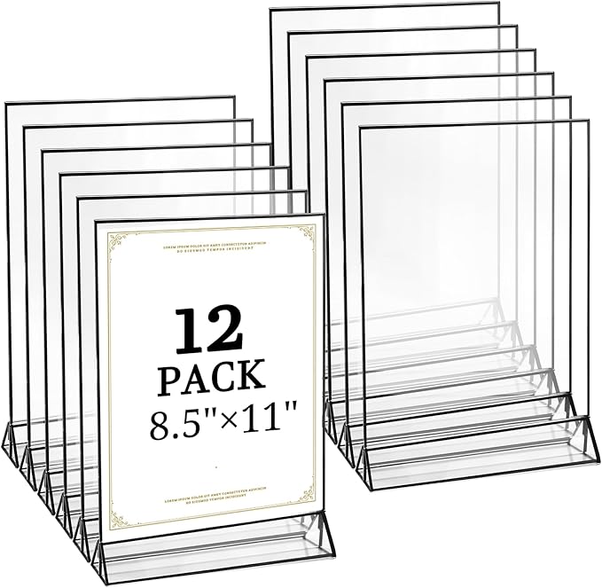 Floroom 12 Pack 8.5x11 Inch Clear Acrylic Sign Holders, Double-Sided Black Display Stand Picture Frames for Table Numbers, Menus, Flyers, Weddings, and Offices