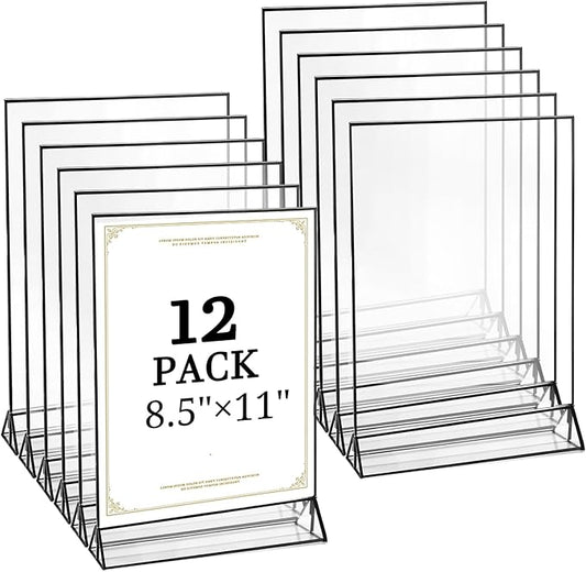 Floroom 12 Pack 8.5x11 Inch Clear Acrylic Sign Holders, Double-Sided Black Display Stand Picture Frames for Table Numbers, Menus, Flyers, Weddings, and Offices