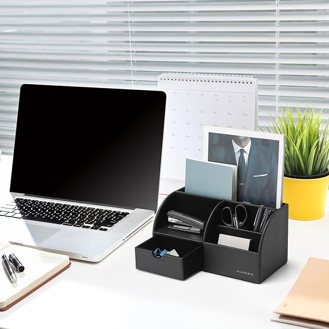 Vlando Office Supplies Desk Organizer Caddy, Desktop Hanging File Letter Document Storage Holder with Drawer Organizer Section for Office Home (Black)