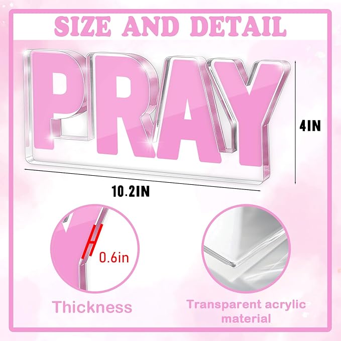 Pink Inspirational Pray Decoration, Office Desk Accessories Decor Sign, Pink Standing Peace Desk Decor for Dorm Room Bathroom Office, 3D Pray Christian Bible Verse, Gifts for Women Mom Sister Friend