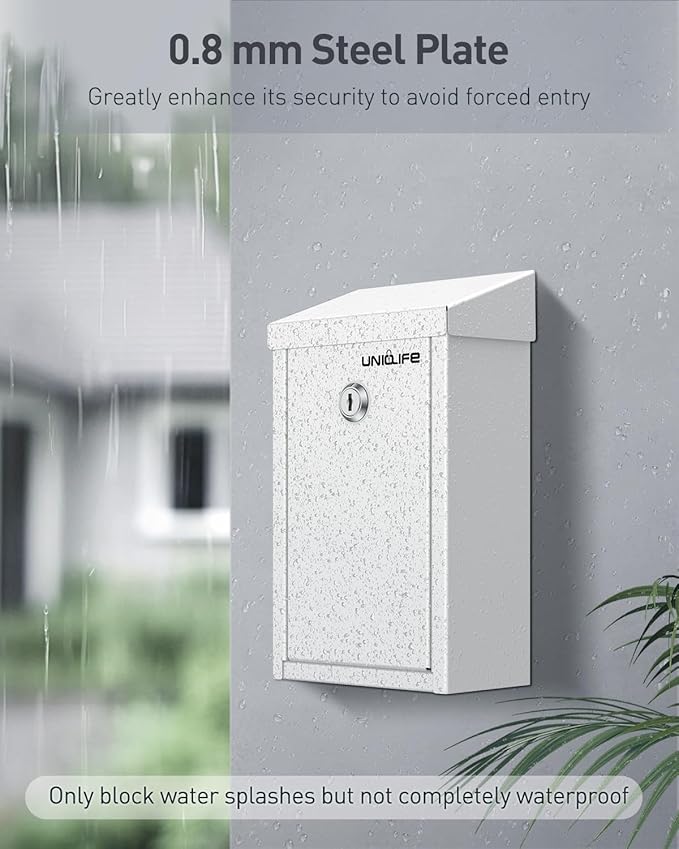 Uniclife Key Drop Box for Outside, White Metal Donation Box Collection Box with Key Lock, Safe Suggestion Box, Wall Mounted Mailbox with Top Slot, Steel Cash Drop Box for Home Office and Business