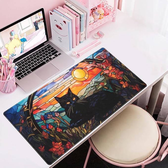 Black Cat Desk Mat Vintage Sunset Desk Mouse Keyboard Pad, XXL Large Mouse Pad Laptop Desk Mousepad with Stitched Edges, Keyboard Pad Mouse Mat for Work Game Office Desk Accessories 31.5x15.7 in