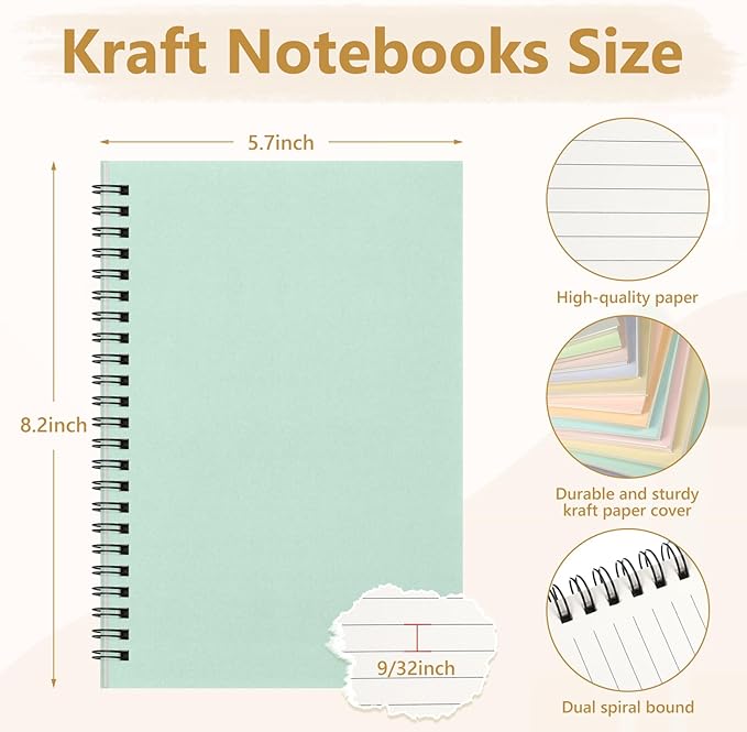 Fuutreo 12 Pcs Spiral Notebook for Work A5 8.3 x 5.7 Inch College Ruled Spiral Journal Notebook Kraft Cover Ruled Paper, 12 Color, 60 Sheets, 120 Pages for Office School(Innovative Color)