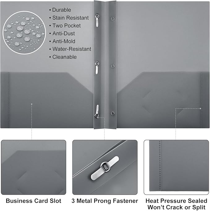 Patelai 48 Pcs Plastic Folders with 2 Pockets and 3 Prongs Home Folders with Card Slot Letter Size Heavy Duty Report Covers for Back to School(Gray,Classic)