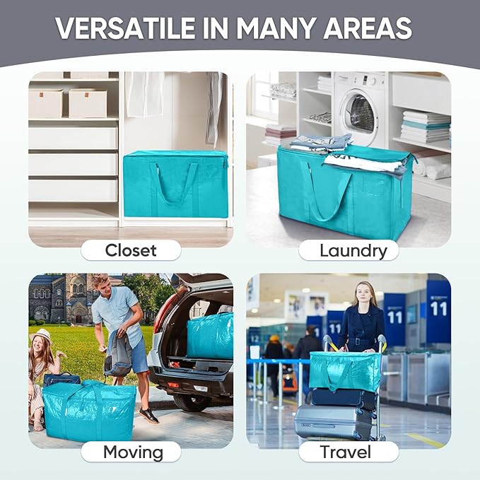 TICONN 2 Pack Extra Large Moving Bags with Zippers & Carrying Handles, Heavy-Duty Storage Tote Moving Boxes for Space Saving (2 Pack, Aqua)