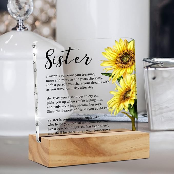 Bifez Sister Acrylic Sign, Flower Style Square Desk Decor with Wood Stand 4x4 inches Home Office Decor Gift