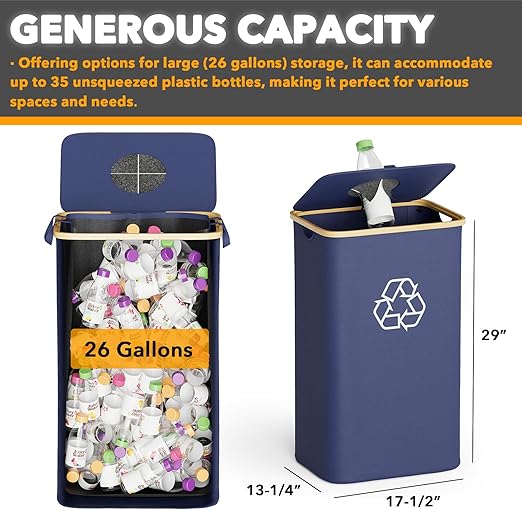 SpaceAid Recycling Bin for Kitchen 26 Gallon, 100L Recycle Bin with Lid and 2 Reusable Inner Bags, for Bottle Can Glass Plastic Stickers, Blue