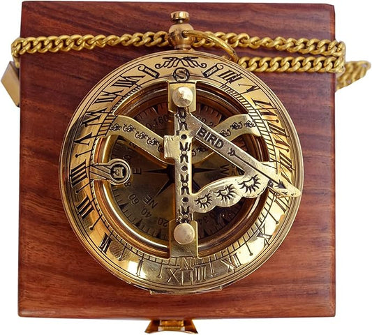 Vintage Brass Sundial Compass with Wooden Box - Antique Brass & Copper Sun Clock for Camping, Hiking, Touring - Engraved Gift for Him - Nautical Ship Replica Watch - Sundial Clock in Box