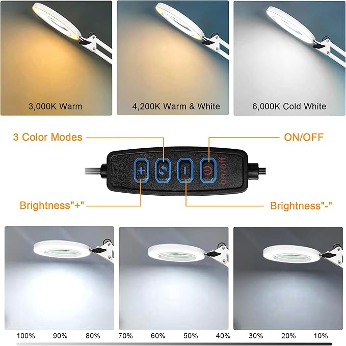 10X Magnifying Glass with Light and Clamp, 2-in-1 LED Magnifier Desk Lamp, 3 Color Modes 10 Level Dimmable, Hands-Free Lighted Magnifier for Craft Repair Nail Reading Close Works (White, Clamp)