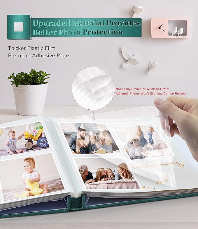 Photo Album Self Adhesive Scrapbook Album for 3x5 4x6 5x7 8x10 Pictures,120 Pages Linen Cover with Display Window DIY Photo Book,Ideal Gifts for Family Travel Wedding Baby