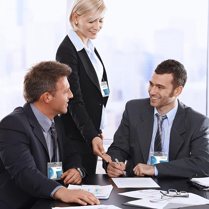 Eaasty 100 Pack Neck Hang Badge Holder with Labels, Clear Hanging Lanyard Style Name Badges Waterproof Name Tag Holders with Lanyard for Meeting Seminar Show Event and Conference