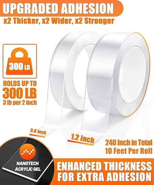 2 Rolls Double Sided Tape Heavy Duty - 240" x 1.2" & 0.8" - Removable Nano Tape for Poster Carpet Picture Hanging Strip Rug Wall Outdoor - Clear & Strong Adhesive Multipurpose Mounting Tape - 20 Feet