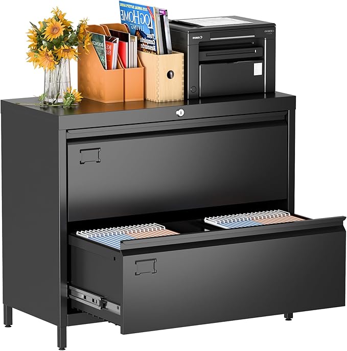 Metal 2 Drawer Lateral File Cabinet with Lock & Adjustable Feet - Wide Filing Cabinet for Letter/Legal/F4/A4 Hanging Files - Includes Business Card Holder,Home Office School Storage,Black