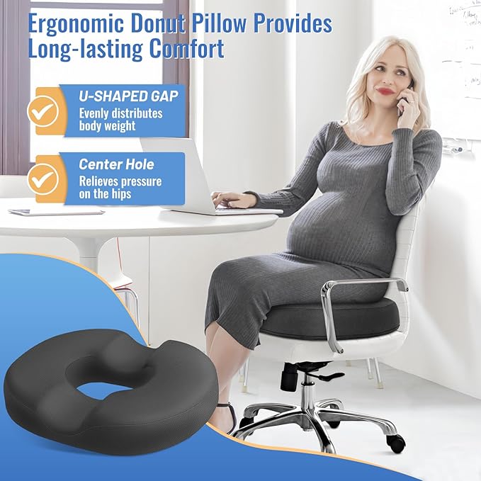 CloudBliss Donut Pillow Seat Cushion for Tailbone Pain Relief and Hemorrhoids, Memory Foam Chair Cushion for Postpartum Pregnancy, Seat Cushions for Men and Women for Home & Office, (Grey)