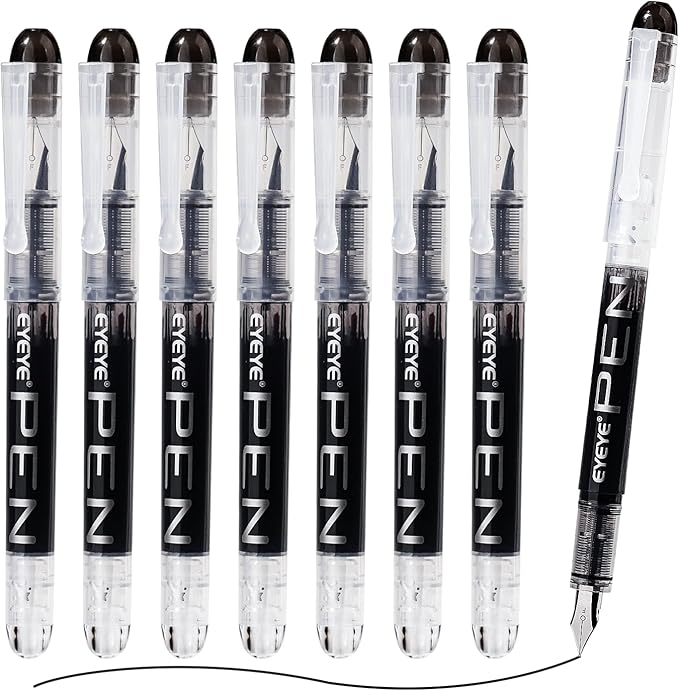 EYEYE Disposable Fountain Pens Fine Point, 8 Pack Black Pens for Writing, Stainless Steel Nib, Smooth Writing for Journaling, Drafting, Sketching, Doodling & Office Supplies