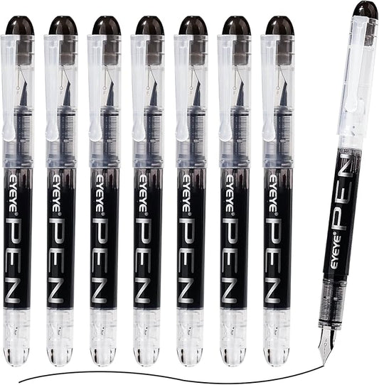 EYEYE Disposable Fountain Pens Fine Point, 8 Pack Black Pens for Writing, Stainless Steel Nib, Smooth Writing for Journaling, Drafting, Sketching, Doodling & Office Supplies