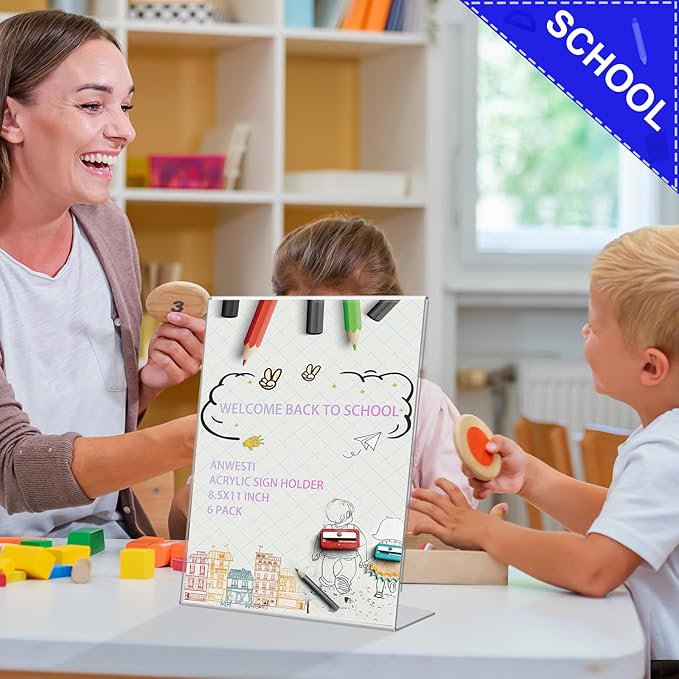 Acrylic Sign Holder 8.5" x 11" - 6 Pack Clear L-Shaped Tabletop Menu Frame for Restaurants, Photos, Posters | Slanted Back Design | Durable Promotional Display Stand