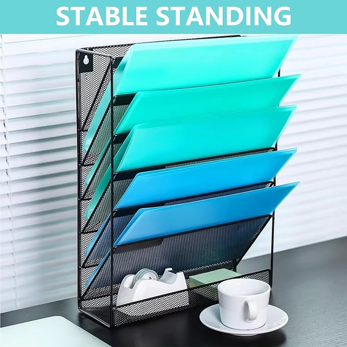 7-Tier Wall Hanging File Organizer Cubicle Hanging Organizer Mount File Holder, Mesh Magazine Document Mail Organizer Wall Organizer for Office School Home, Black
