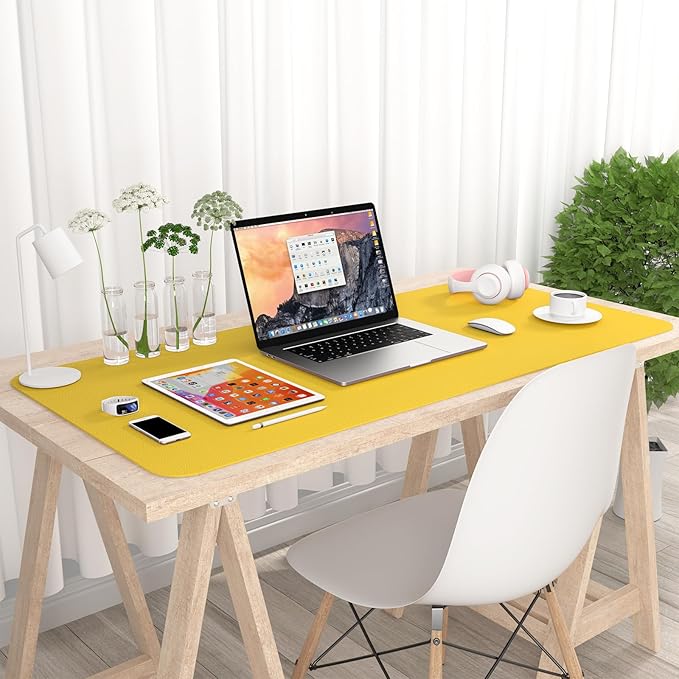 Hsurbtra Desk Pad, 35.5" x 17" PU Leather Desk Mat, XXL Extended Mouse Pad, Waterproof Desktop Blotter Protector, Non-Slip Ultra Thin Large Laptop Keyboard Writing Mat for Office Home, Yellow