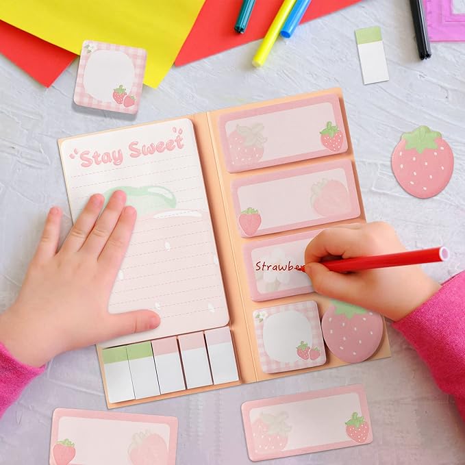 Xqumoi Life is Berry Sweet Sticky Notes Set, 550 Sheets, Strawberry Pattern Self-Stick Notes Pads Summer Fruit Divider Tabs Bundle Writing Memo Pads Back to School Office Supplies Small Gift