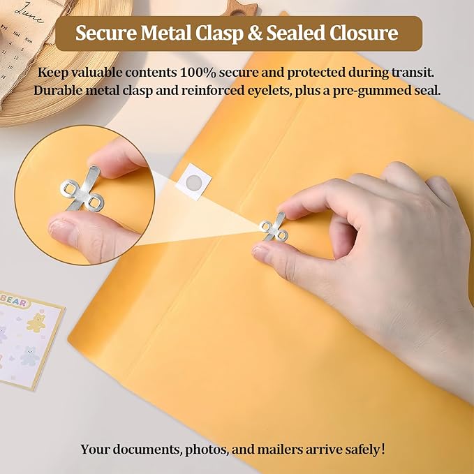3 Sizes Clasp Envelopes Security Mailing Envelopes with Metal Clasps Kraft Paper Envelopes for Office, School, Home, Shipping Documents, Photos, Mailers (12 Packs)