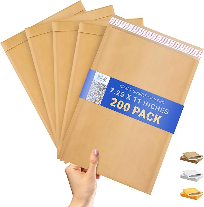 ABC PACK & SUPPLY Brown Kraft Bubble Mailer Envelopes, 7.25 x 11 Inches. 200 Pack Mail Padded Envelopes Self Seal. Kraft Bubble Mailers. Tear-Resistant Mailing Envelope Padded. Sturdy Paper Mailer