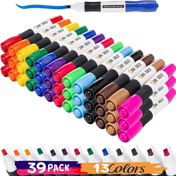 June Gold 39 Assorted Colored Dry Erase Whiteboard Markers, 13 Unique Colors, Chisel Tip, Low Odor, Comfortable Grip & Vivid Lines