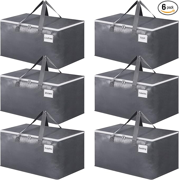BlissTotes Large Moving Boxes and with Zippers & Handles Moving Supplies with lids, Heavy Duty Totes for Storage Bags for Space Saving, Fold Flat, Moving and Storing 76L, 6 Pack
