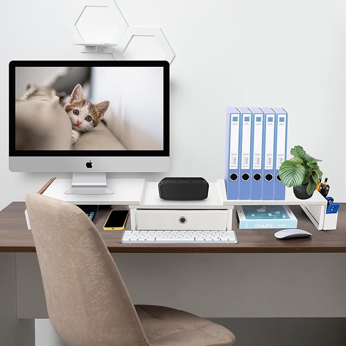 Dual Monitor Stand Riser w/ Drawer & Metal Leg, Large White Computer Monitor Riser w/ Storage For 2 Screens, Desk Shelf w/ Adjustable Length & Angle, Desktop Organizer