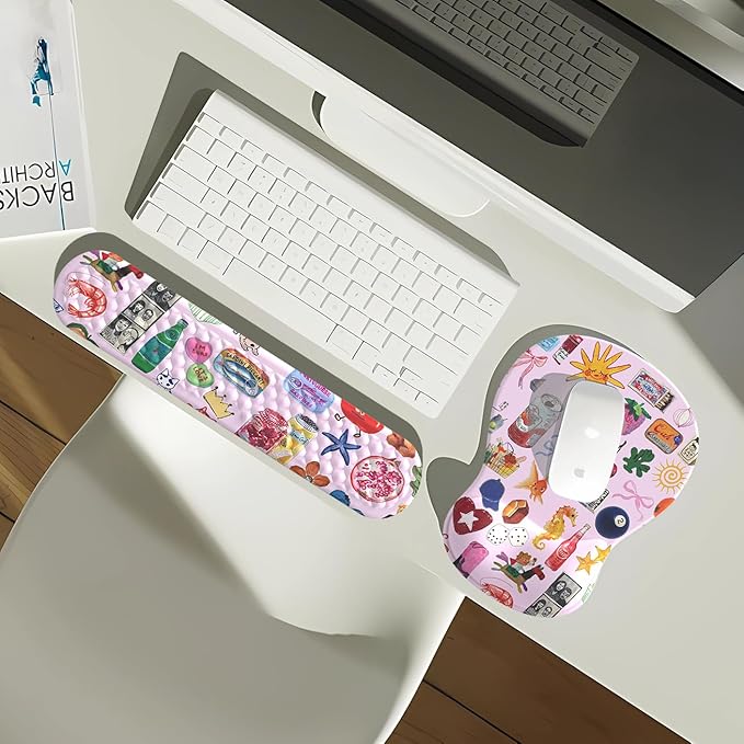 Cute Mousepad with Wrist Rest for Computer Keyboard Mouse Pad Ergonomic Pink Kawaii Mousepad, Best Desk Decor Office Girls Pink Desk 2-in-1 Wrist Support Mouse Pad, Soft Gel Material Anti Slip Bottom