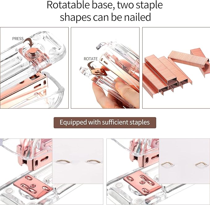 Office Supplies Set Desk Accessory Kit, Acrylic Stapler Set Staple Remover, Tape Dispenser, Binder Clips, Paper Clips, Ballpoint Pen and Scissor with 1000 Pieces 26/6 Staples (Rose Gold)