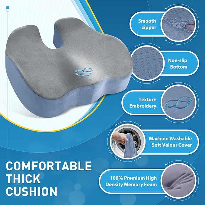 BlissTrends Seat Cushion,5.2in Thick Memory Foam Cushions for Office Chair, Car Seat, Airplane, Relieving Pressure Tailbone Sciatica Back Pain for Long Sitting Office Workers, Car Drivers Gery&Blue