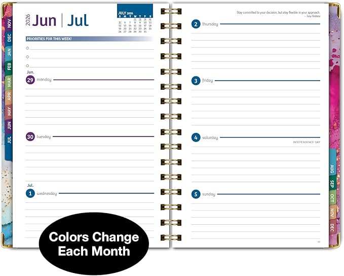 HARDCOVER 2026 Planner, 5.5"x8": 14 Months (November 2025 - December 2026), Daily Weekly Monthly Planner, Yearly Agenda, Bookmark, Pocket Folder and Sticky Note Set (Rainbow Gold Marble)