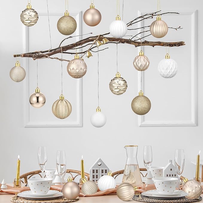 64 Pcs Neutral Christmas Ball Ornaments Champagne Gold White Christmas Tree Decorations Set 1.6/1.97/2.4 Inch Shatterproof Glitter Matt Xmas Baubles Neutral Ornaments for Xmas Tree Home Decor