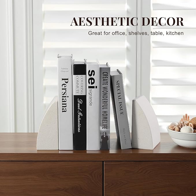 Koville Marble Bookends for Shelves, Large Bookends for Heavy Books, Natural Stone Book Stopper for Books CD Movies, Aesthetic Decorative Book Ends (Sail-Beige)