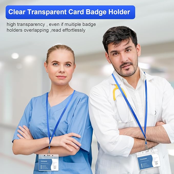 100 Pack Lanyards for ID Badges with Clear Name Tags, Reusable Lanyards Horizontal ID Card Badge Holders Plastic Name Badges for Men Women Kids Business School and Office Supplies (Blue)