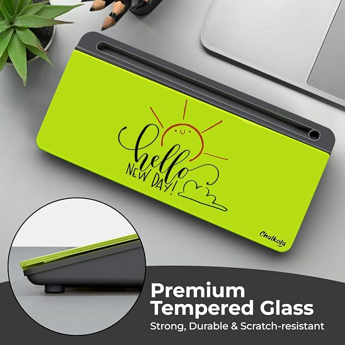 Chalkola Neon Green Glass Desktop Whiteboard with Storage - Dry Erase Board, Work Desk Organizers, Computer Keyboard Stand, Home Office Desk Accessories, Workspace Desktop Buddy + 3 Markers