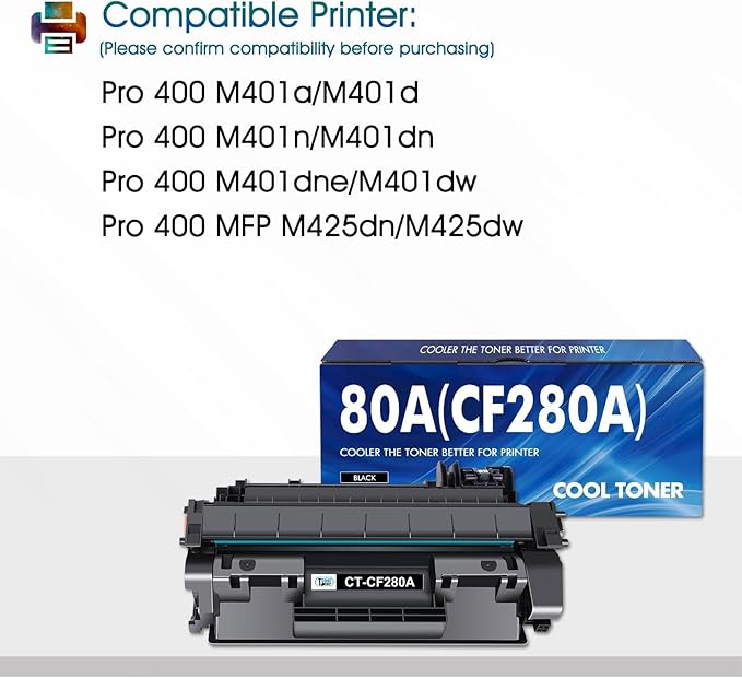 Cool Toner Compatible Toner Cartridge Replacement for HP 80A CF280A 80X CF280X for HP Laserjet Pro 400 M401n M401dn MFP M425dn M401dne M401dw M425dw M401 M425 Printer Toner Ink(Black, 2-Pack)