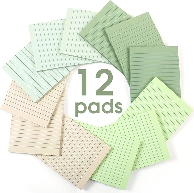 12 Pads Green Boho Sticky Notes 4x6 with Line, Lined Self Stick Notes Pads Boho Office Supplies, Vintage Aesthetic School Accessories 50 Sheets/pad