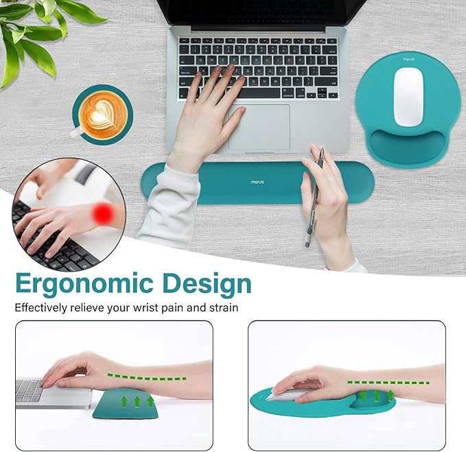 MOSISO Wrist Rest Support for Mouse Pad&Keyboard Set, Circle Curved Ergonomic Mousepad&Coaster Non-Slip Base Home/Office Pain Relief&Easy Typing Pad with Soft Cloth&Silicone Lining, Teal Green