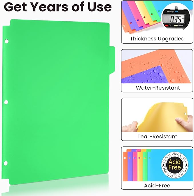 Sooez Plastic Folders with Pockets and Tabs, 6 Pack Pocket Folders with Writable Label Stickers, Fits 3-Ring Binder, Holds Letter/A4 Size Paper, Back to School Office Filing Supplies, Bright Colors