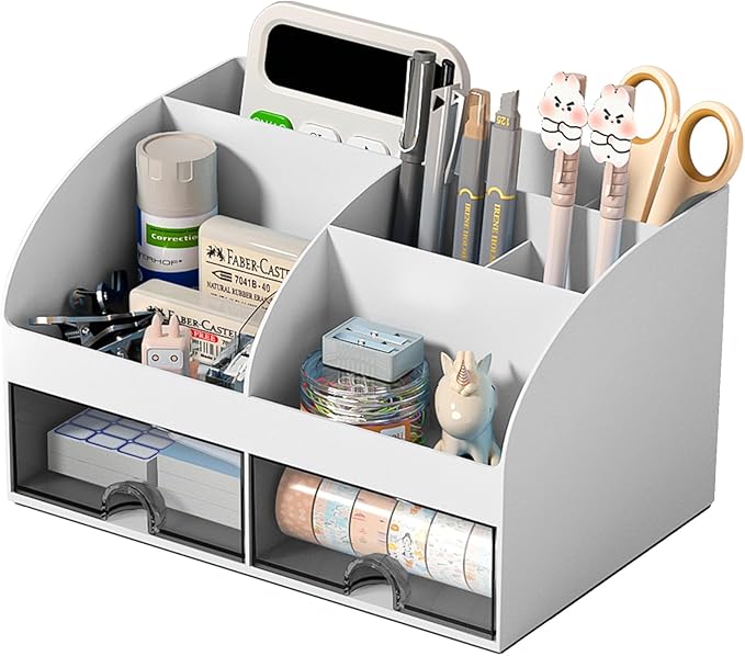 Desk Organizer with 6 Compartments and 2 Drawers, Plastic Makeup Organizer, Pen Holder for Desktop Storage, Desk Organization for School, Home, Office Supplies (Grey)