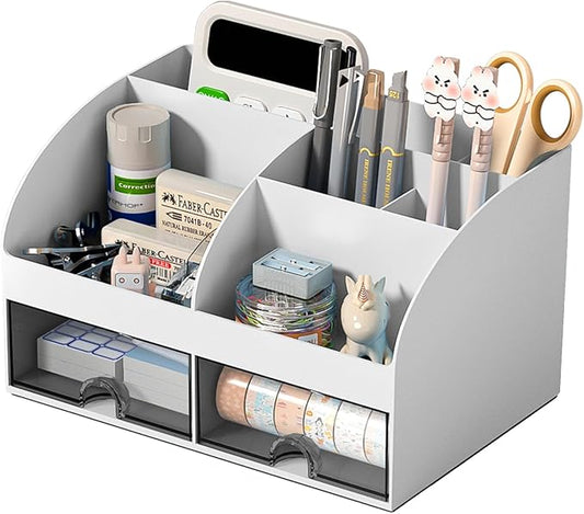 Desk Organizer with 6 Compartments and 2 Drawers, Plastic Makeup Organizer, Pen Holder for Desktop Storage, Desk Organization for School, Home, Office Supplies (Grey)
