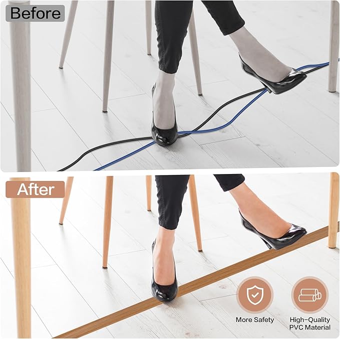 Floor Cord Cover Self Adhesive Cord Hider Floor Extension Cord Covers for Floor Power Cord Protector Cable Management Prevent Cable Trips Cable Cavity 0.47" W x 0.27" H (Light Brown Wood, 10Ft)