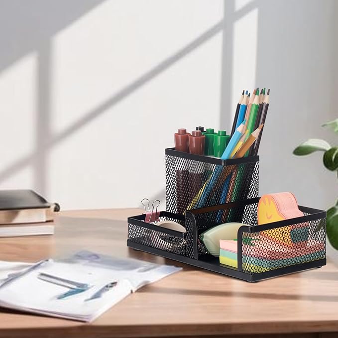 Comix Mesh Pen Pencil Holder Desk Organizer, 3 Compartment Wire Desktop Pen Pencil Cup Caddy Office Supplies Accessories for Home Office School, Black(2 Pack)