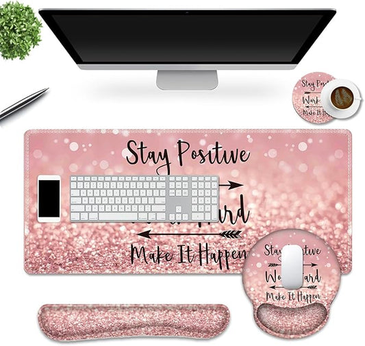 DINKY Large Gaming Mouse Mat and Mouse Pad Wrist Keyboard Wrist Rest Set, Anti-Slip Base Mousepad + Coaster, 35.4 x 15.80-inch, Ergonomic Wrist Support for Home Working Gaming-PinkQuote