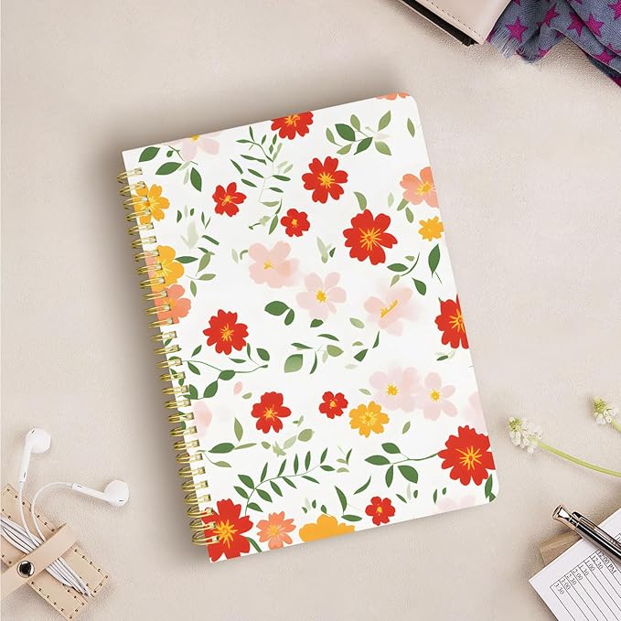 Cute Spiral Notebook journal B5 Aesthetic Pretty Design for Women Girls Kawaii with Pocket, 10 x 7.2 inch, Lined, Red Floral